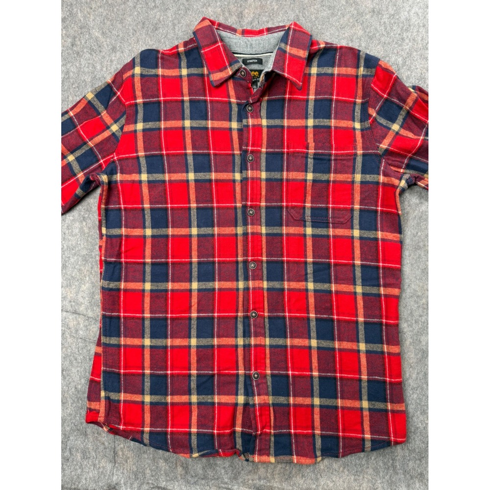 Lee Men Regular Fit Stretch Flannel Shirt Red Navy Blue Plaid Size L Long Sleeve